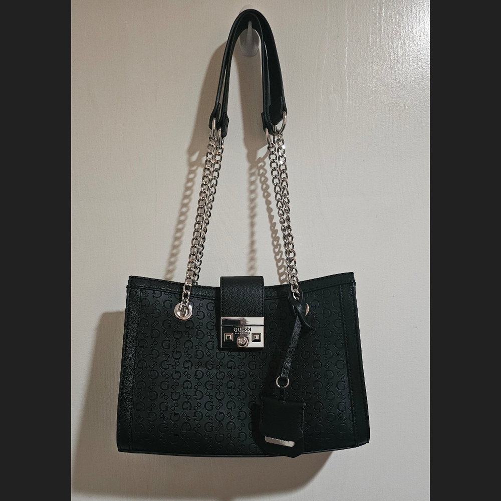 Guess Black Embossed Shoulder Bag with Silver Chains